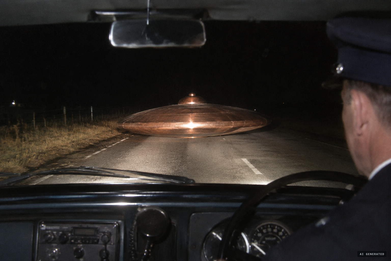 The van's headlights pick out a copper-coloured, domed disc resting on the road.