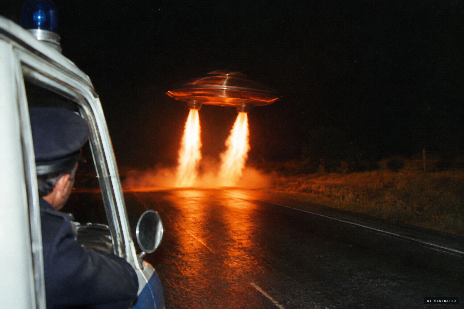 Flames shoot from two tubes underneath as the disc lifts off the road.