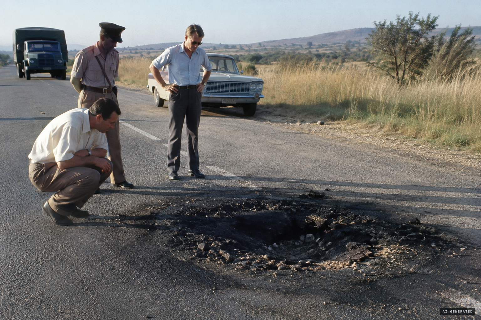 A severely burned, caved-in patch of road where gravel separated from the tar.