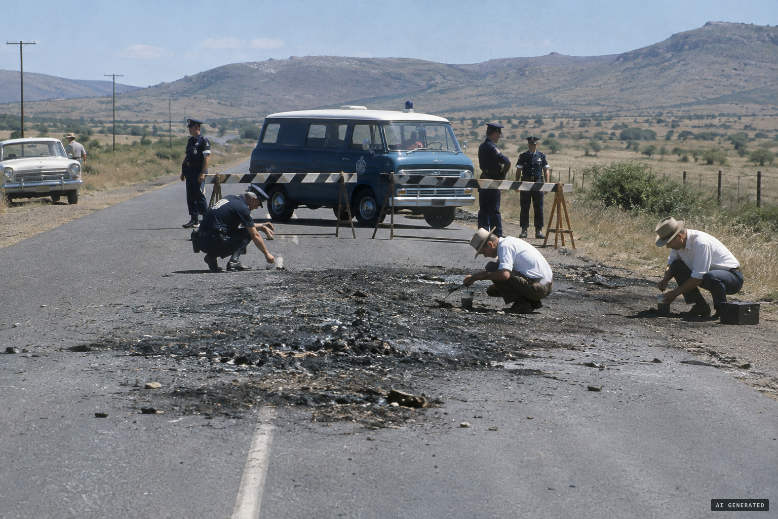 Police and scientists examine the closed road and take samples of the surface.