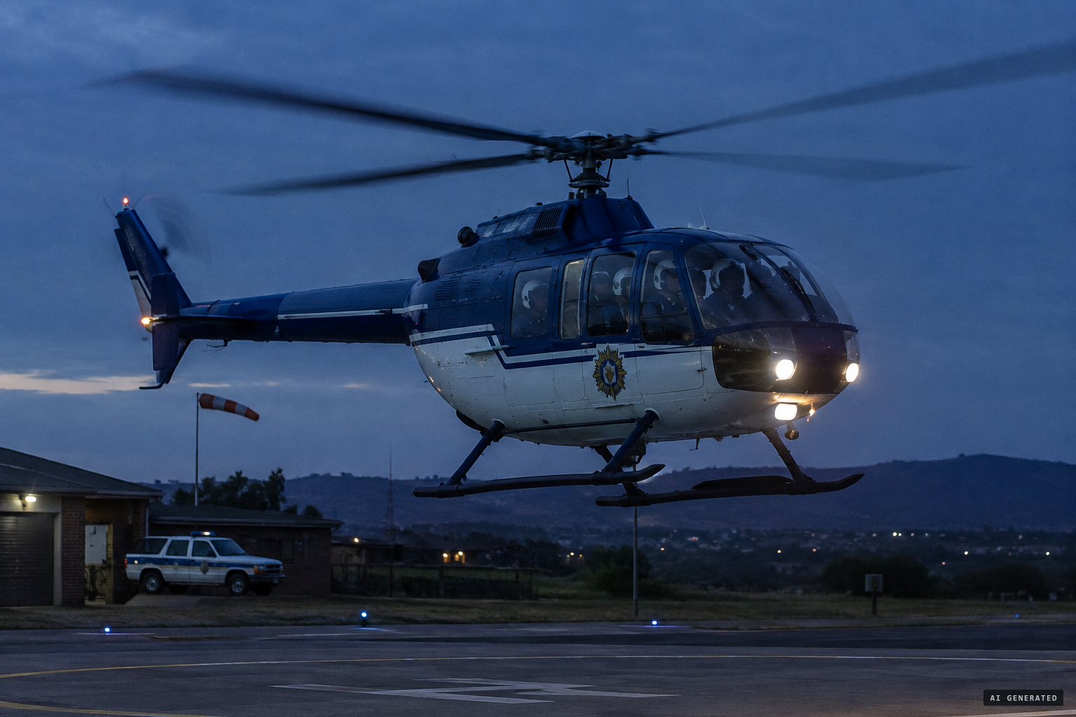 The police Bo-105 helicopter takes off with Supt Fred Viljoen and four others