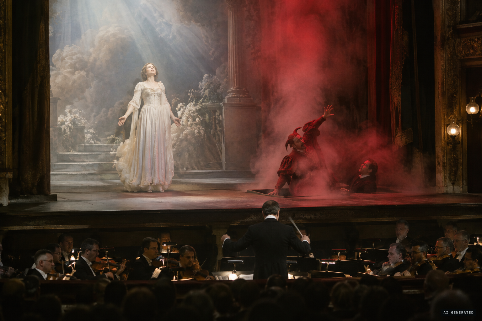 Opening night of Faust: Mephistopheles lowered through the stage trap