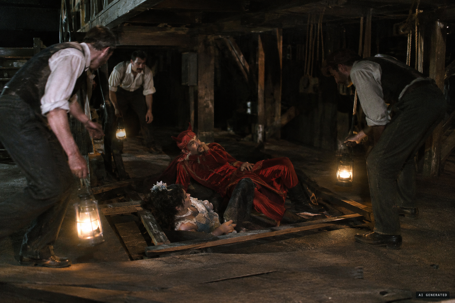 He fell through the trap, taking the other performer with him