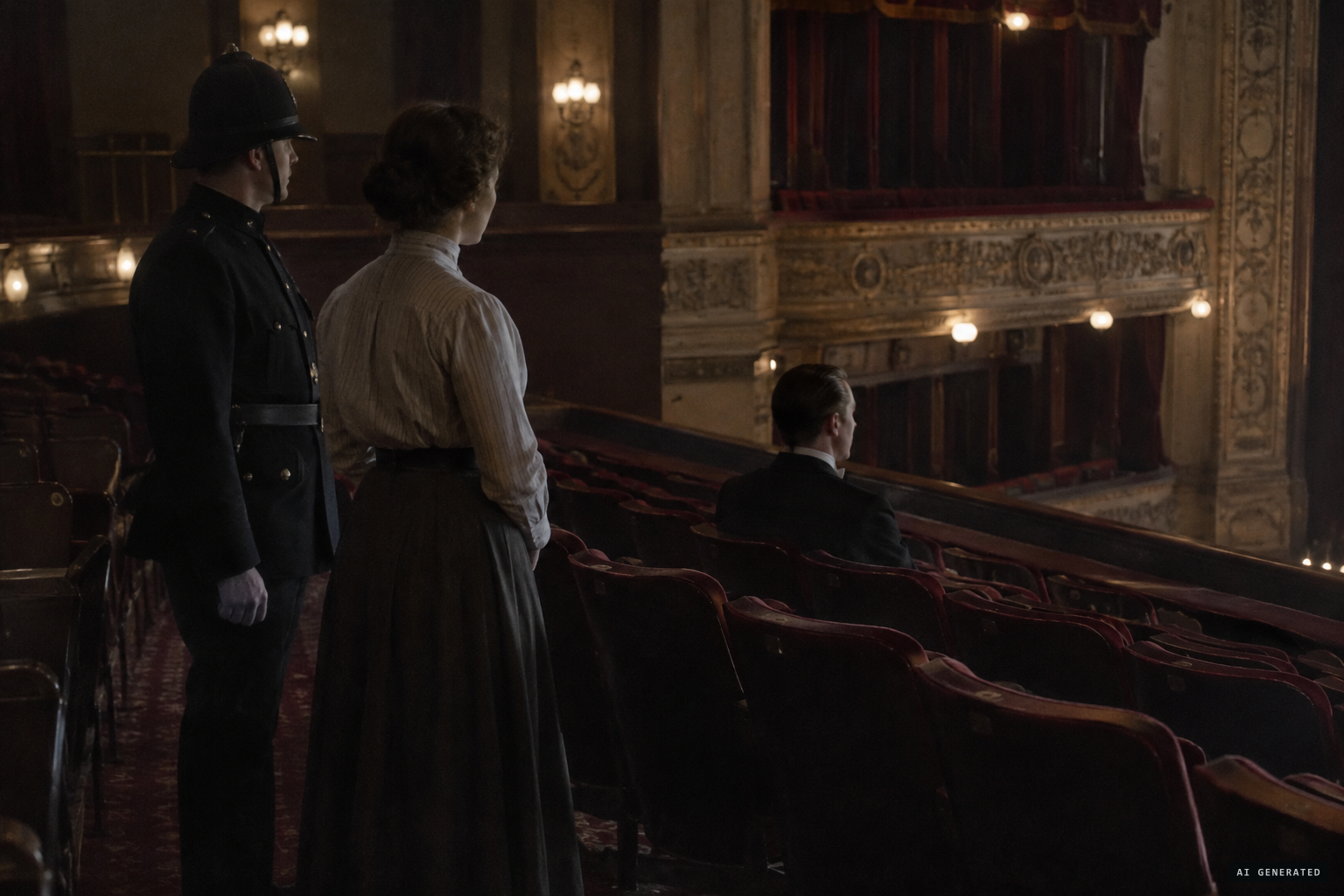 A fireman and a wardrobe mistress watch a figure in the dress circle