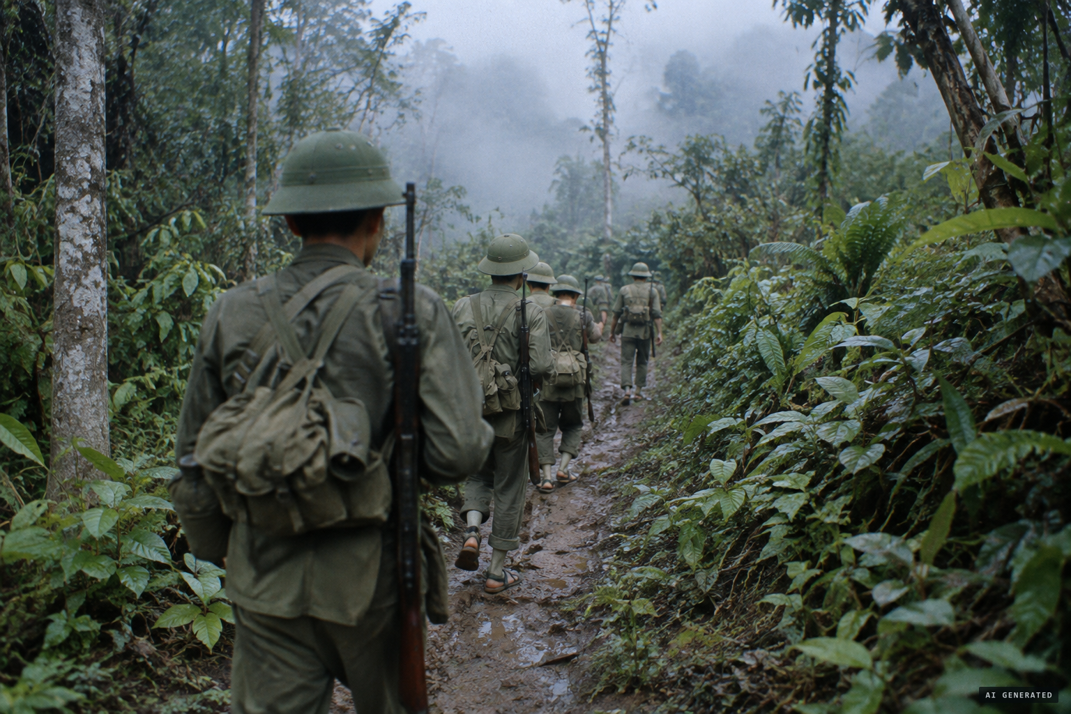 North Vietnamese soldiers patrol the forest north of Kontum, 1974.
