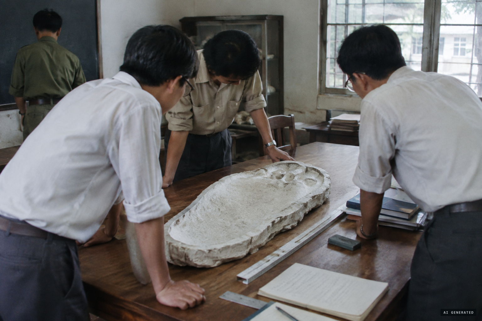 Vietnamese academics study the cast, wider than a human foot and too big for an ape.