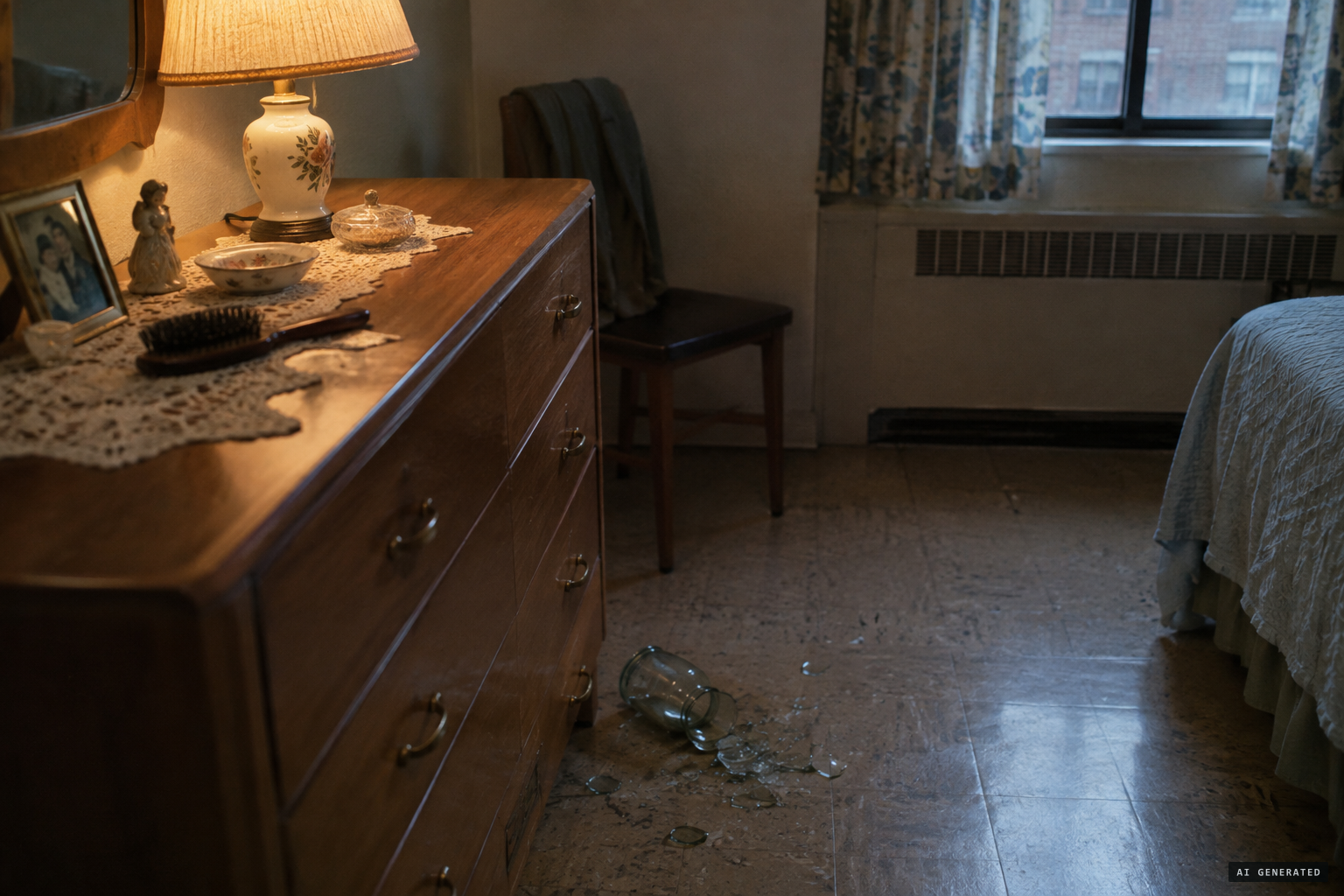 A glass jar on Mabelle's dresser crashes to the floor