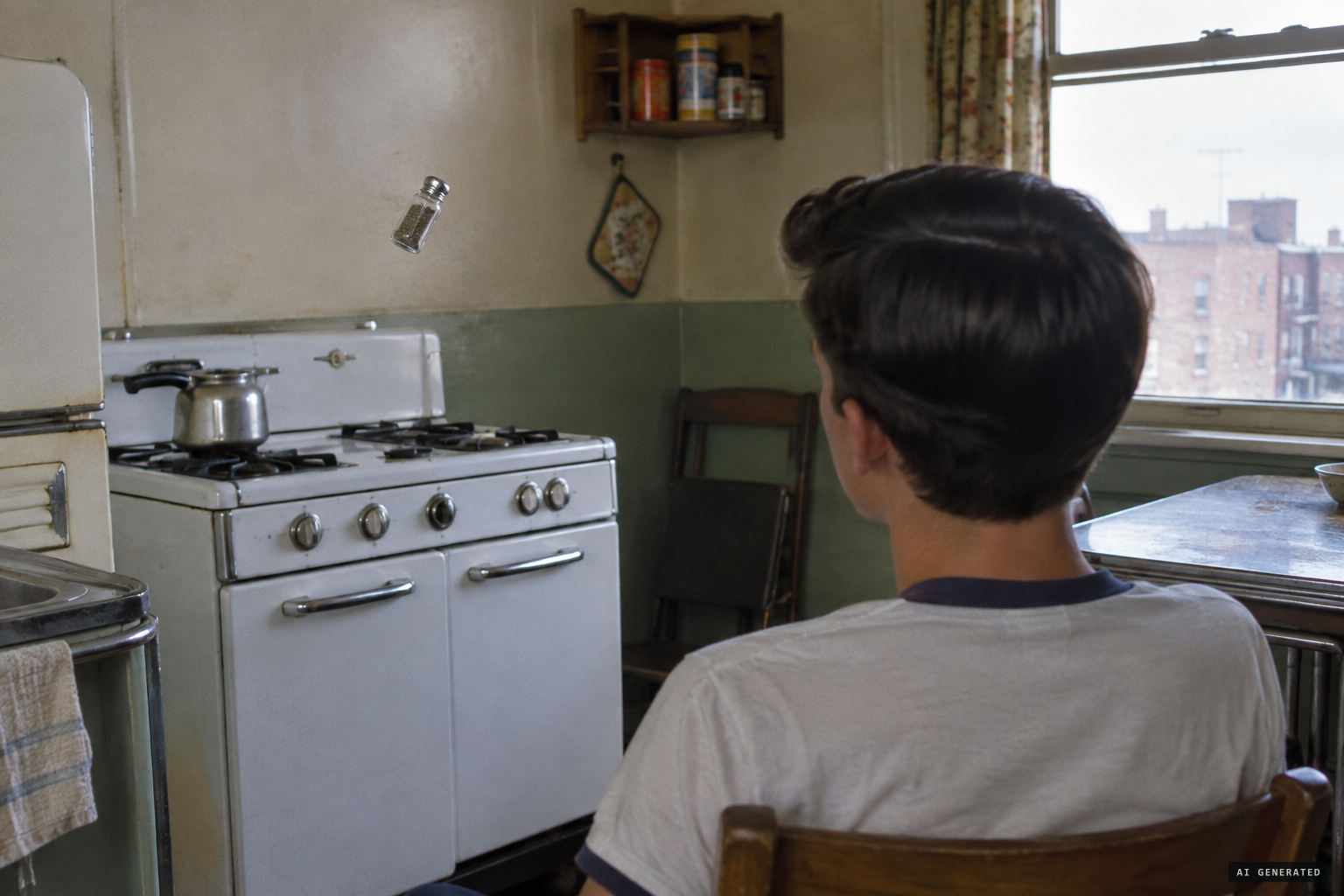 Ernie sees a pepper shaker rise above the stove and float to him