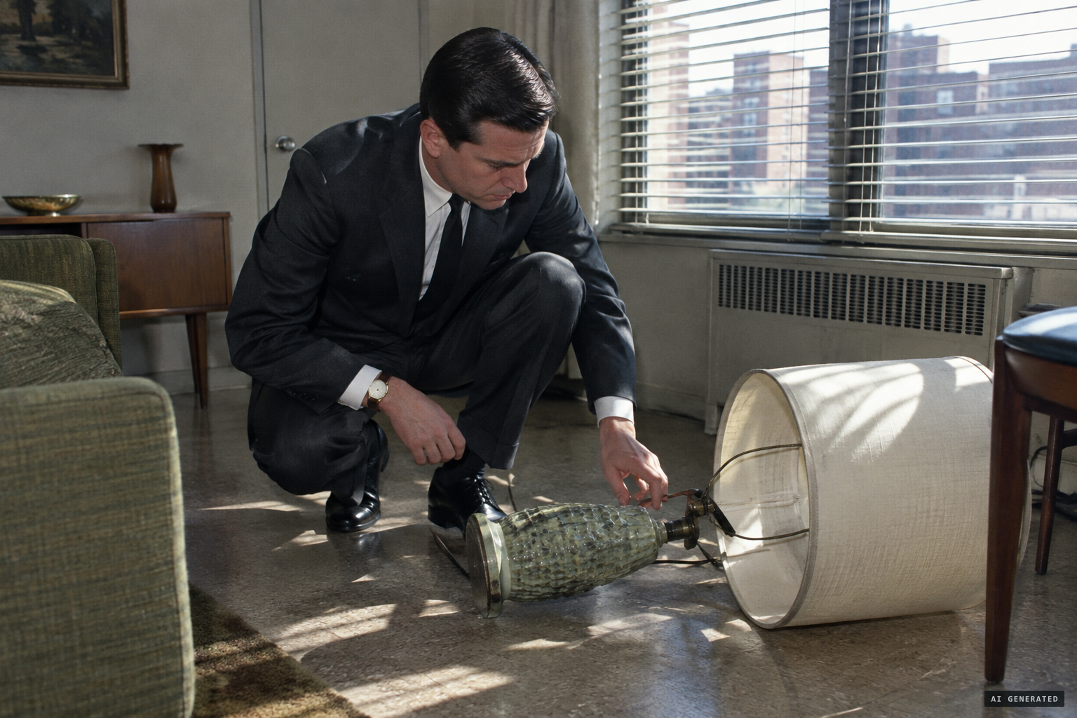 Charles Wrege of Rutgers finds no strings or wires behind a toppled lamp