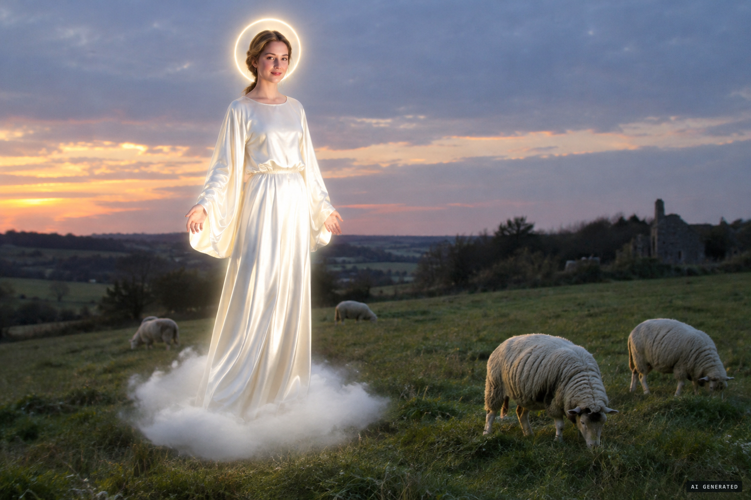 The lady in white satin on a cloud, with a shining halo