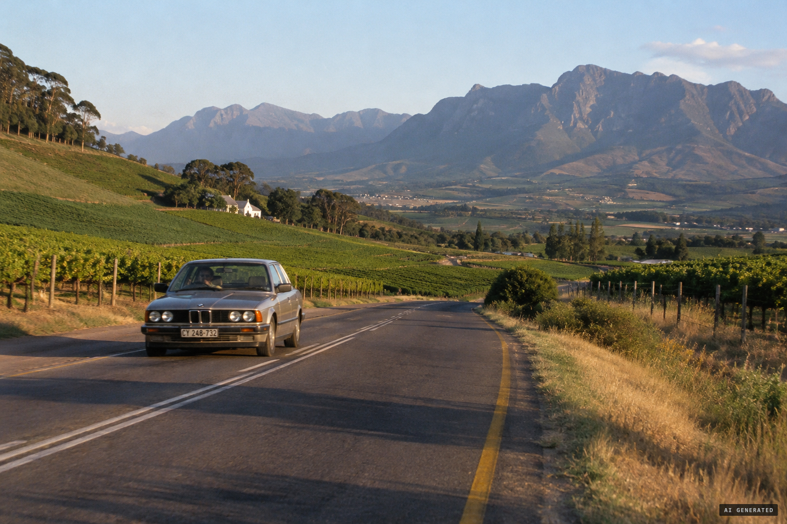 The R44 running south into Stellenbosch through the Cape Winelands