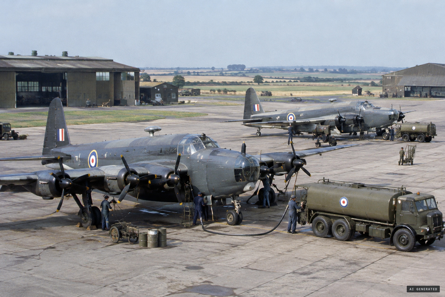 Ground crew refuel two 269 Squadron Shackletons at RAF Topcliffe during Exercise Mainbrace