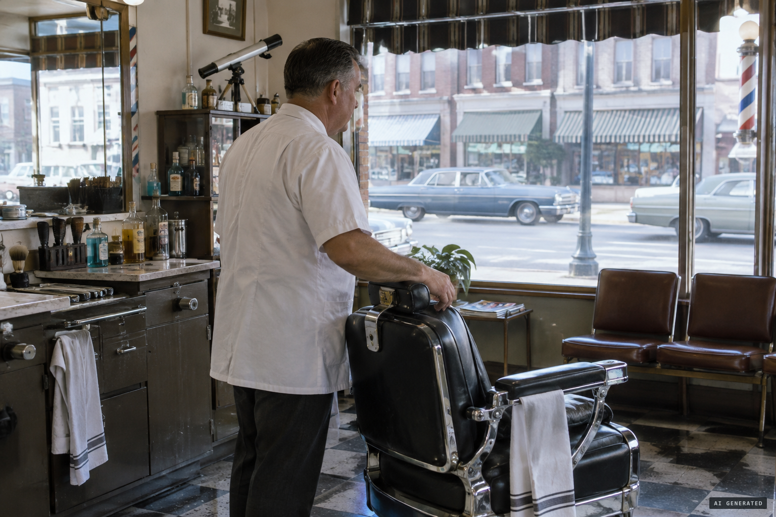 Ralph Ditter, barber and amateur astronomer, in his Zanesville shop