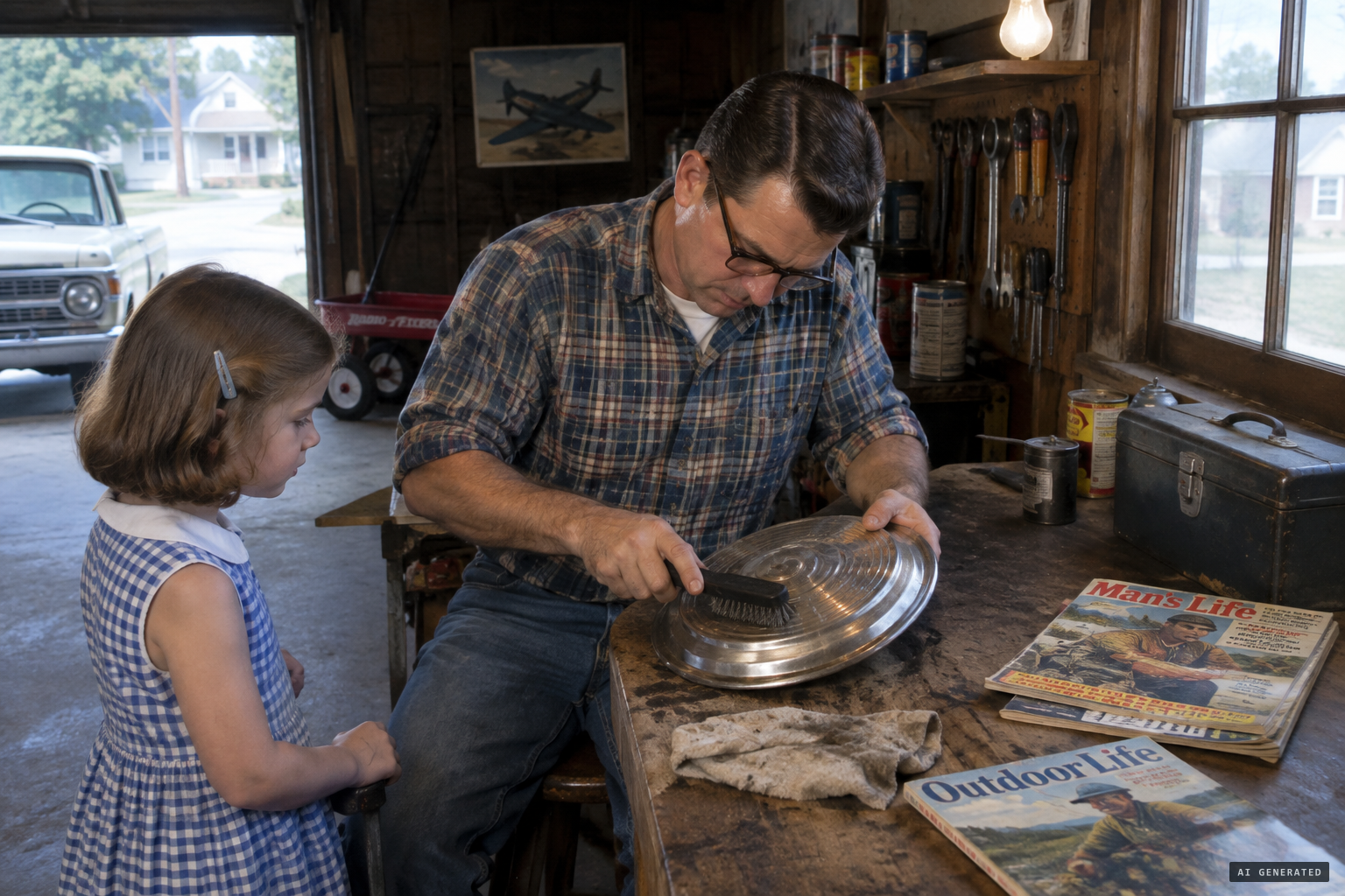 The real 'saucer': a hubcap from his daughter's toy wagon