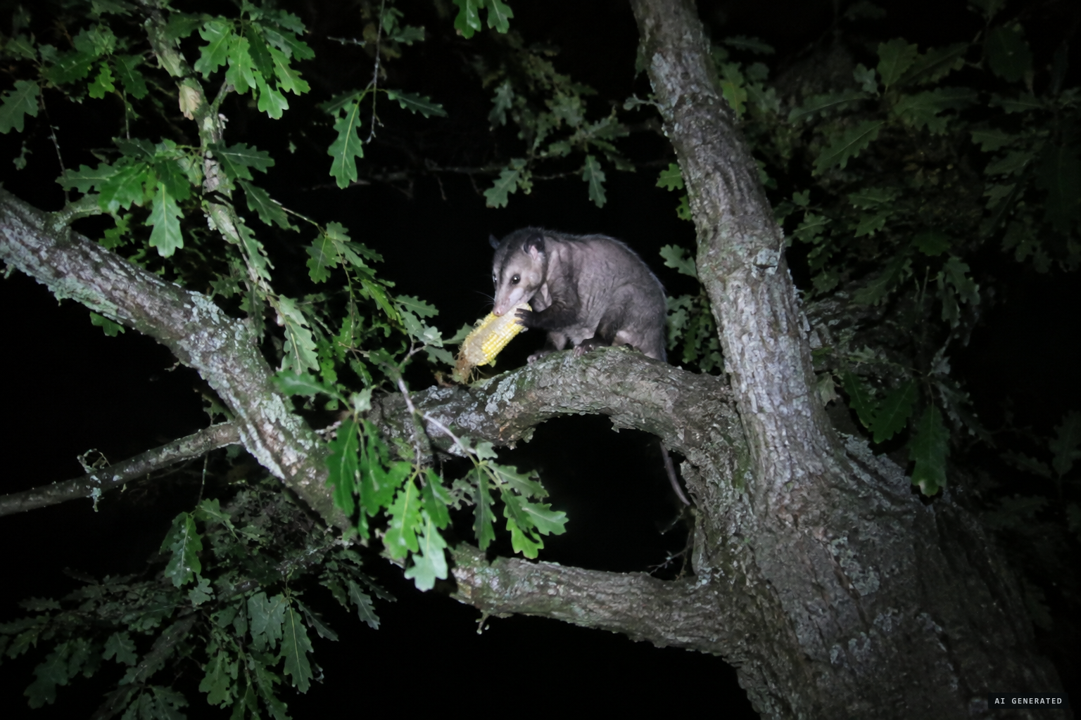 An animal eating corn in a tree on the couple's property