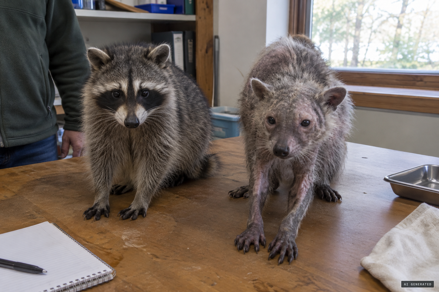 Radford's case: a raccoon with sarcoptic mange, its bandit mask lost with its fur