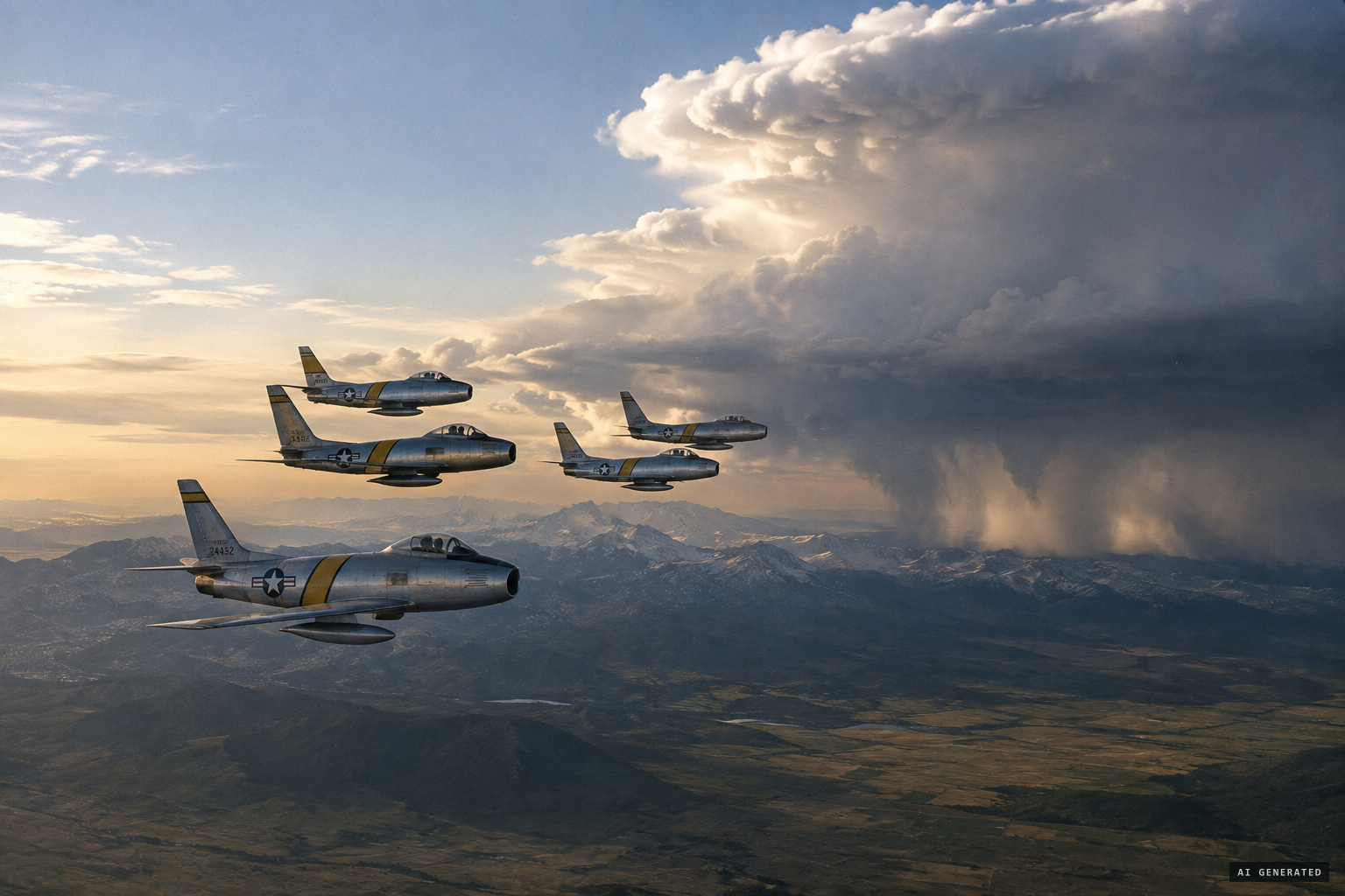 A four-Sabre formation heads west near Fort Macleod beside an enormous thunderstorm