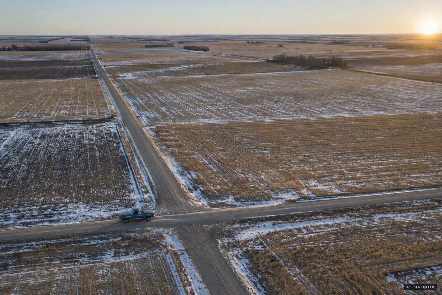 Flat Saskatchewan farmland cut into squares by grid roads