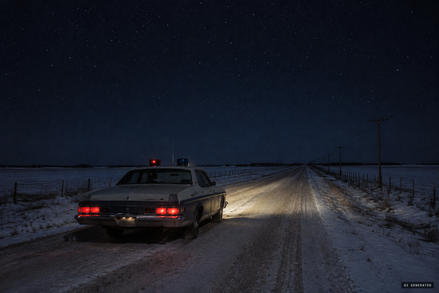 Two constables drive the grid roads, searching