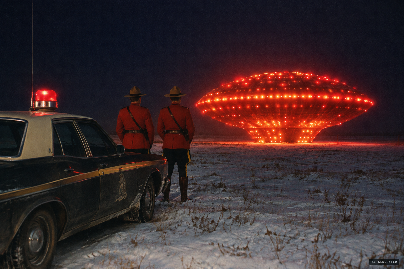A mushroom-shaped object, covered in red and orange lights, sits on the field