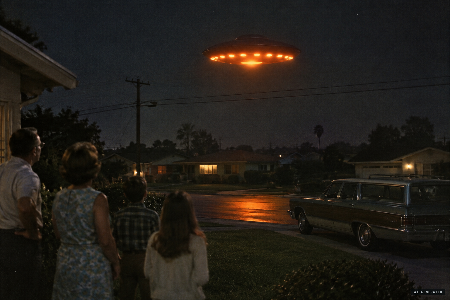 The object drifts, stops and hovers over the neighbourhood