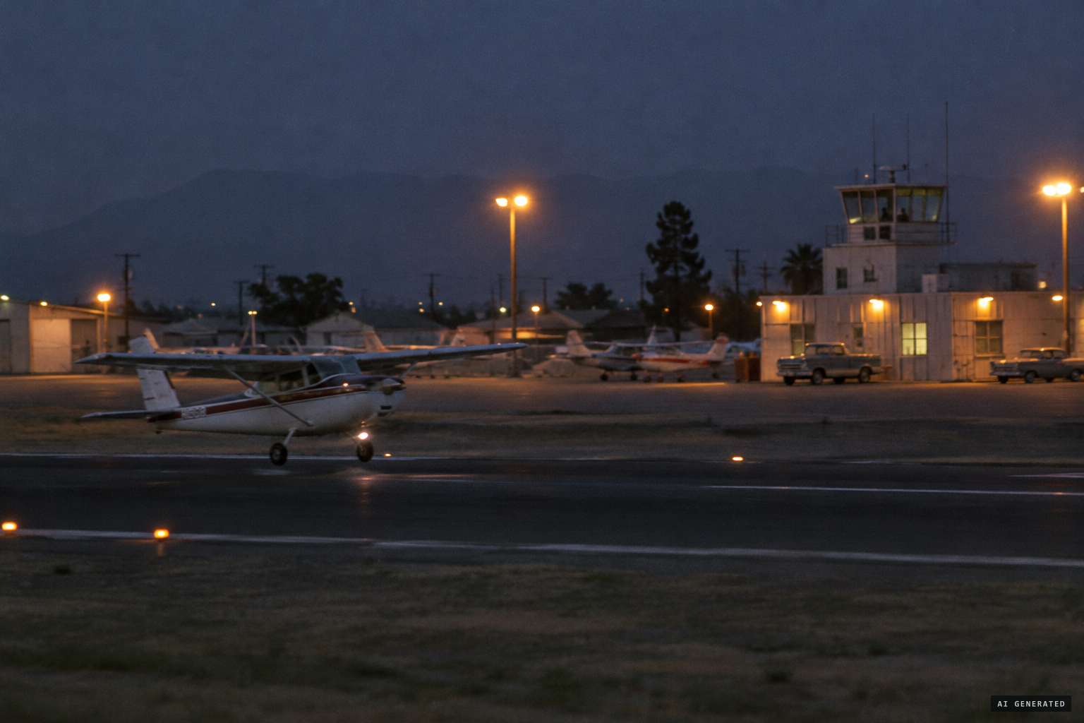 7:15 p.m., a light plane lands at Tri-City airport