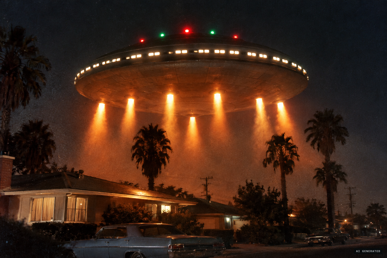 A huge disc with glowing ports, red-green lights and orange jets