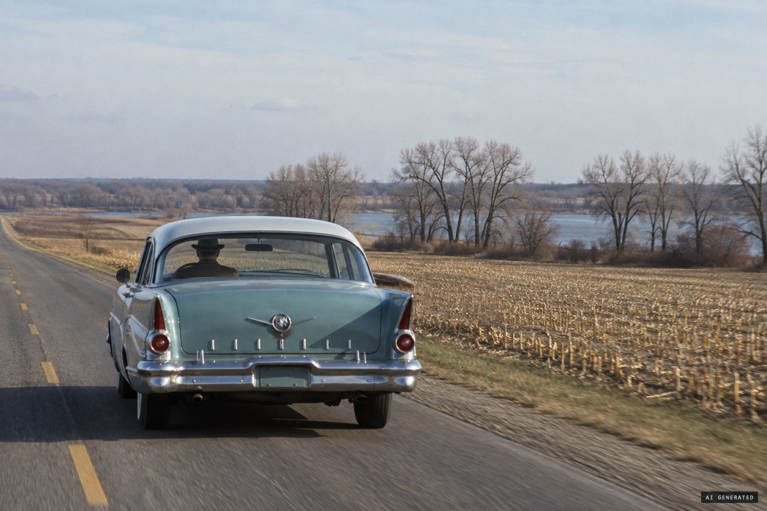 Grain buyer Reinhold Schmidt driving near Kearney on 5 November 1957