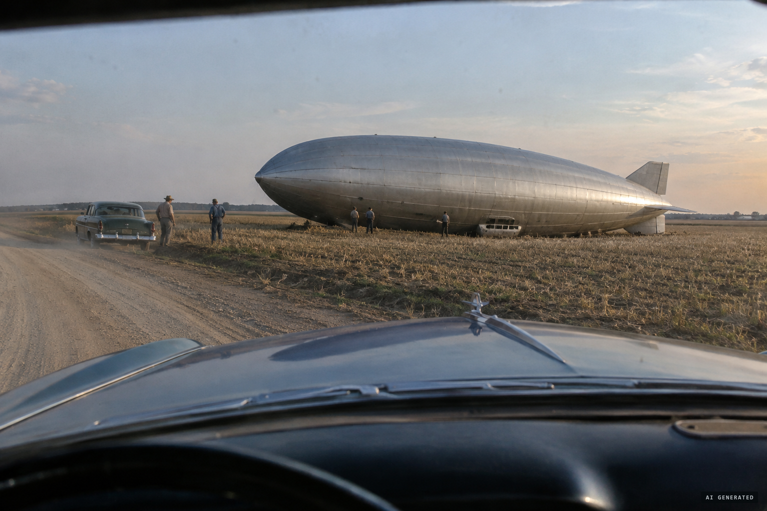 The Buick stalls, and a silvery blimp-shaped craft sits in the field