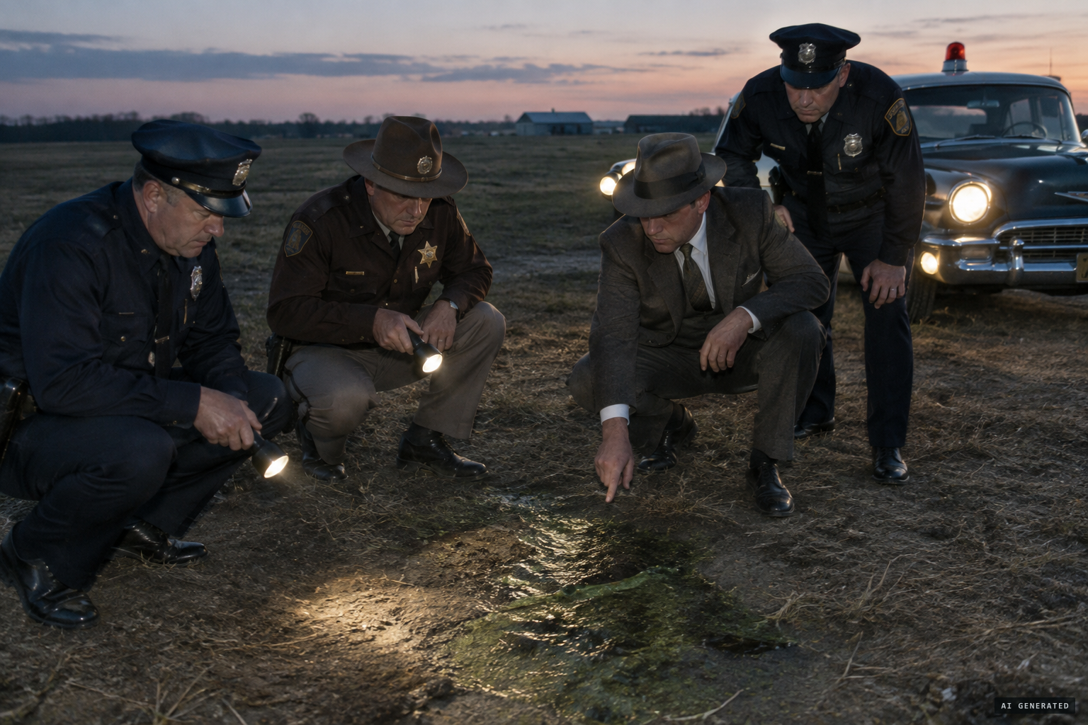 Lawmen examine the green, sweet-smelling oil and the landing-gear marks