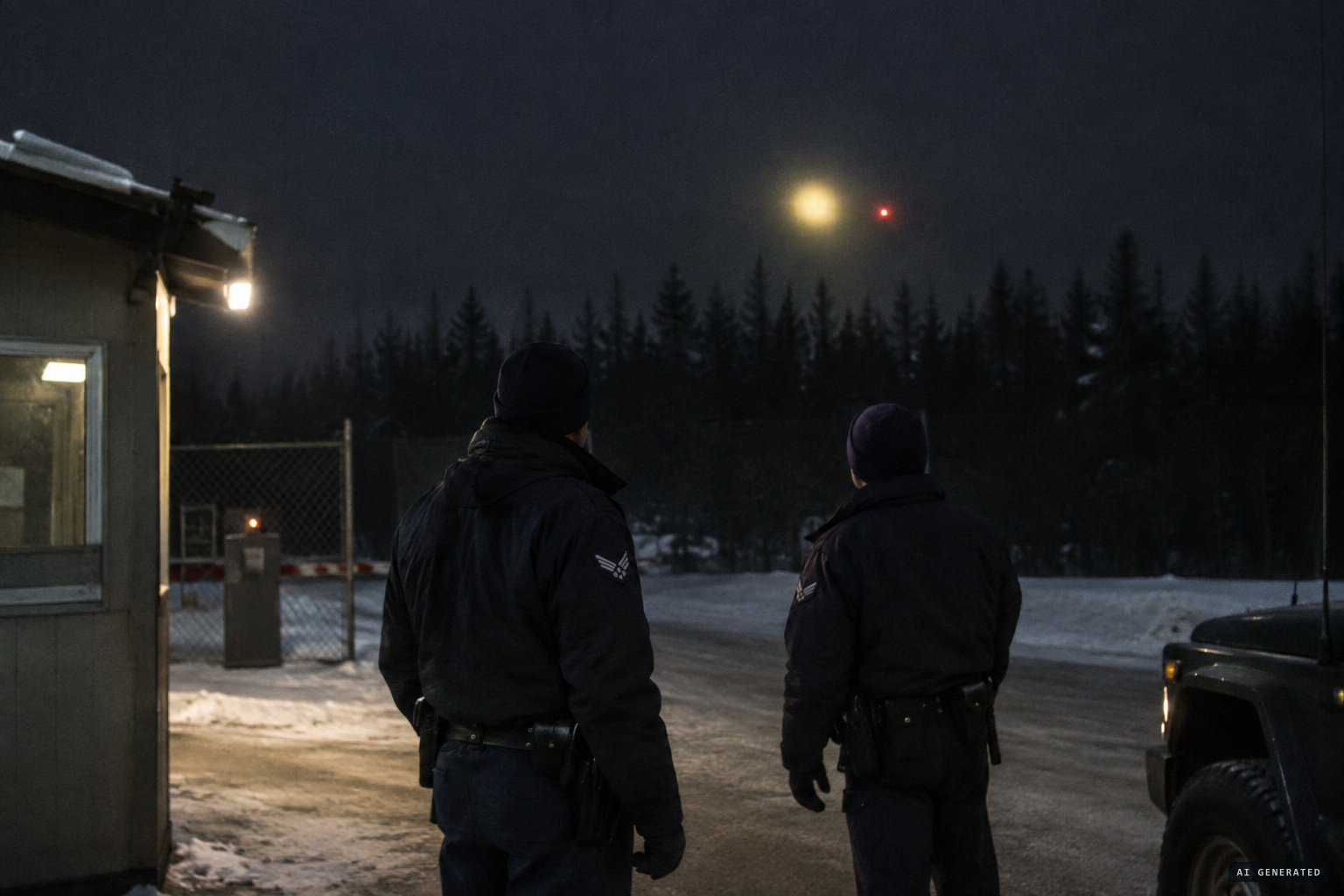 Patrolmen see a yellow glowing light and a blinking red light above the trees outside the back gate