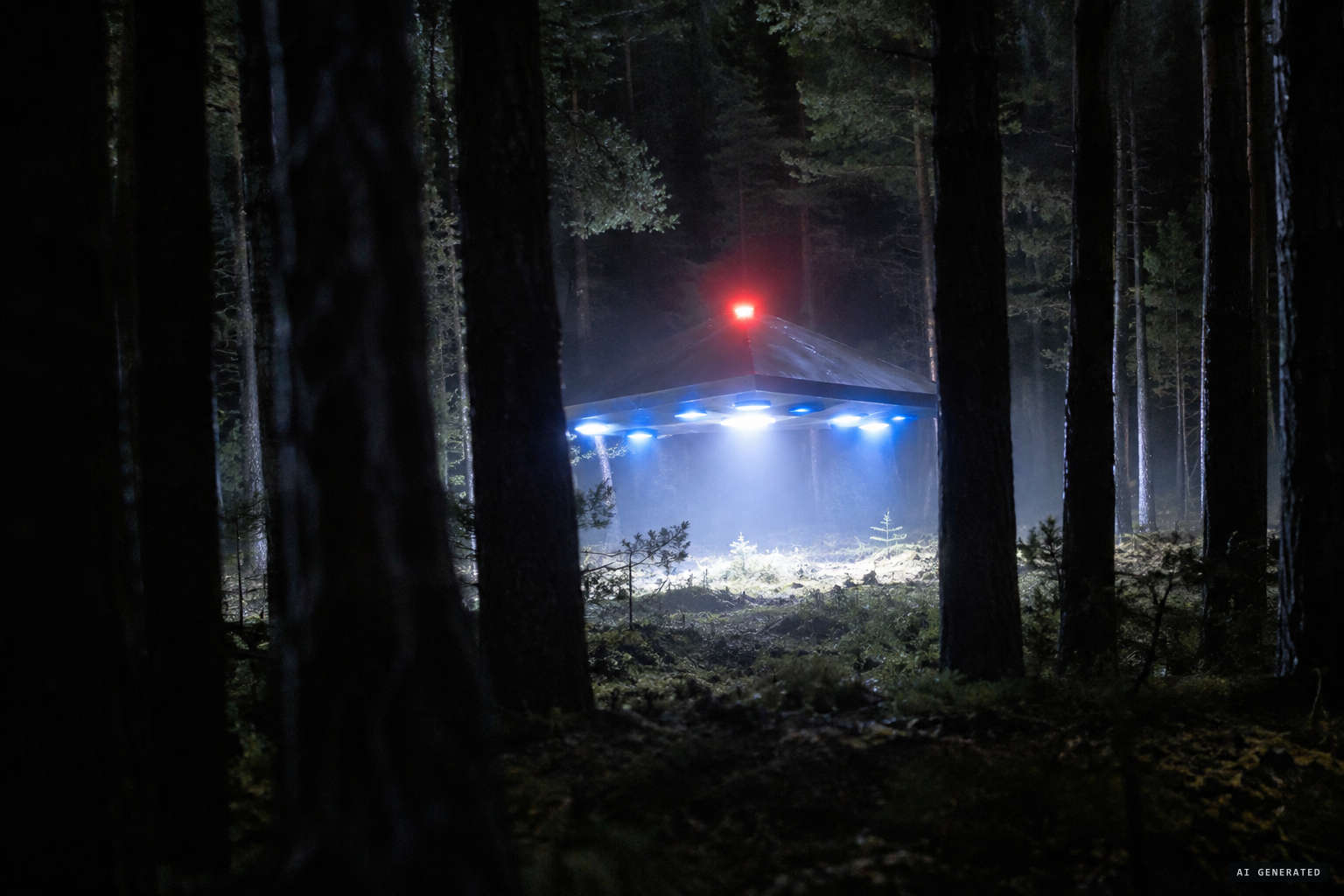 A glowing, metallic triangular object with a red light on top and blue lights beneath