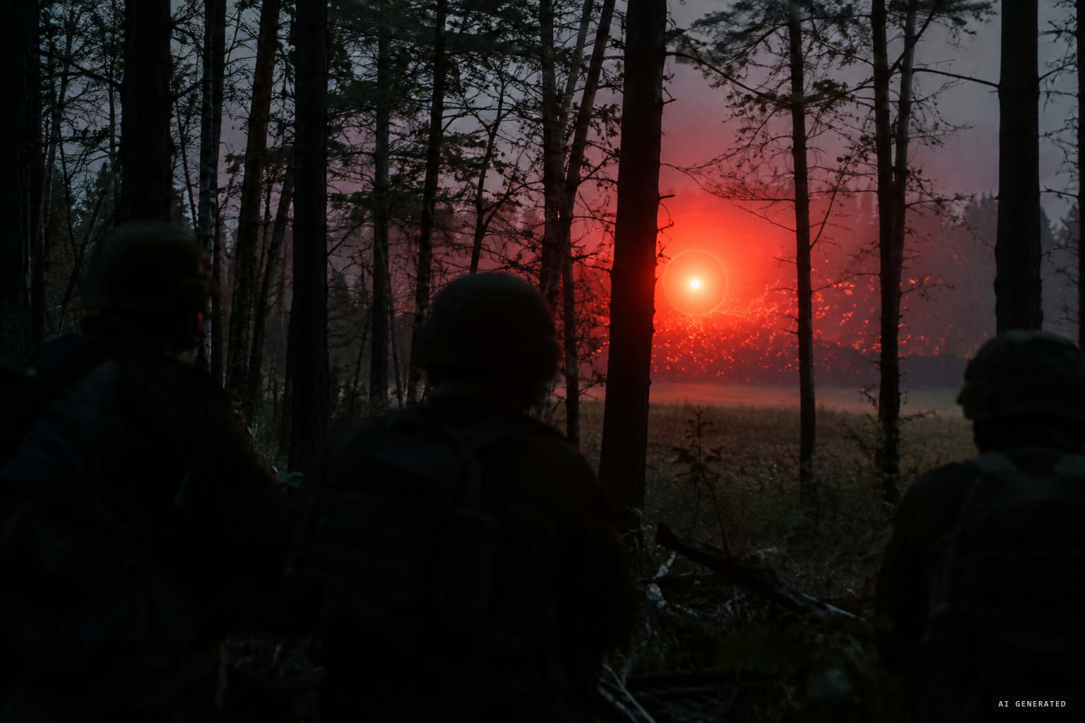 A red sun-like light pulses through the trees, throwing off glowing particles