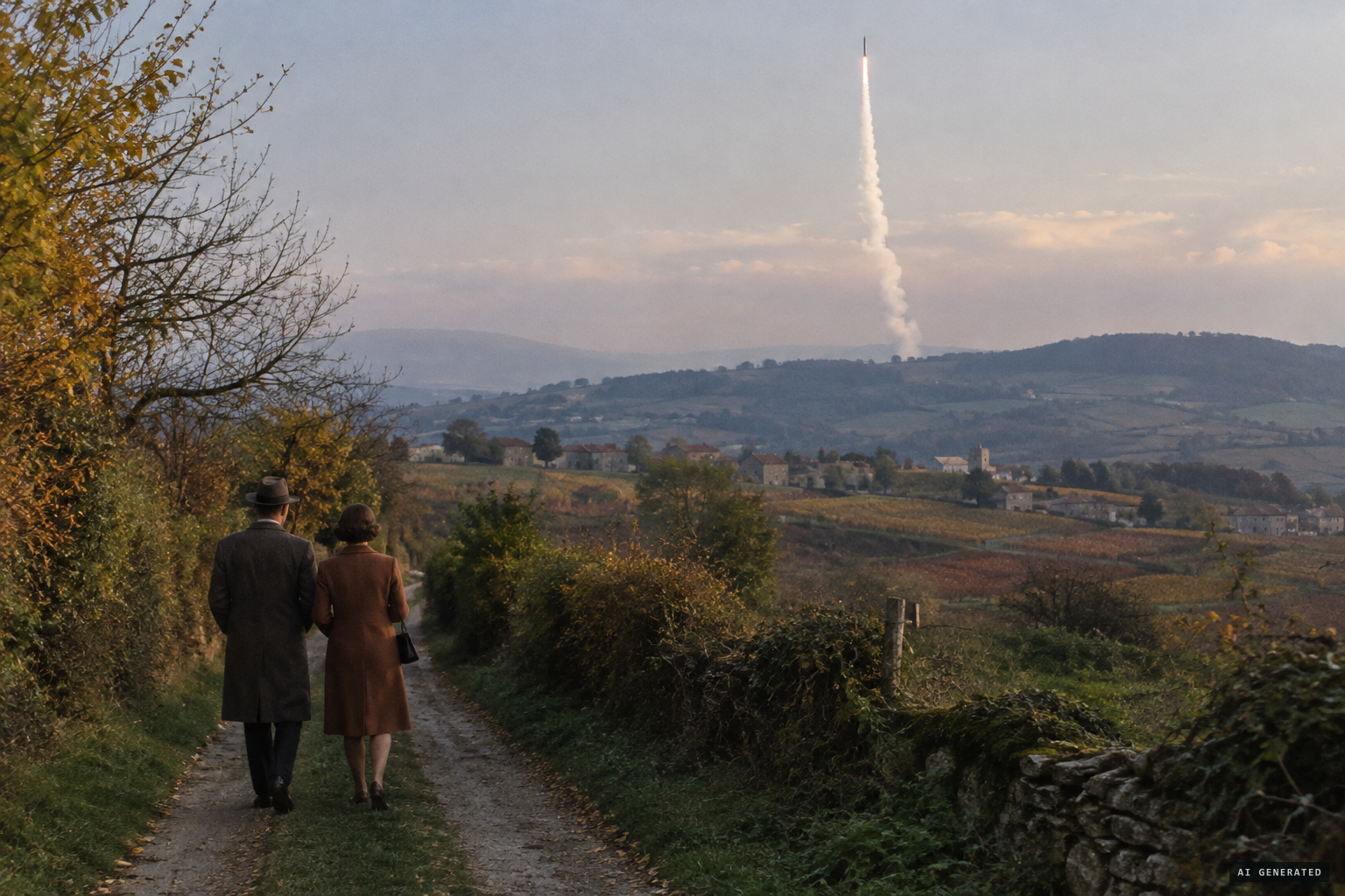 Walking at Savigny, the couple see a craft climb vertically, trailing broad white smoke