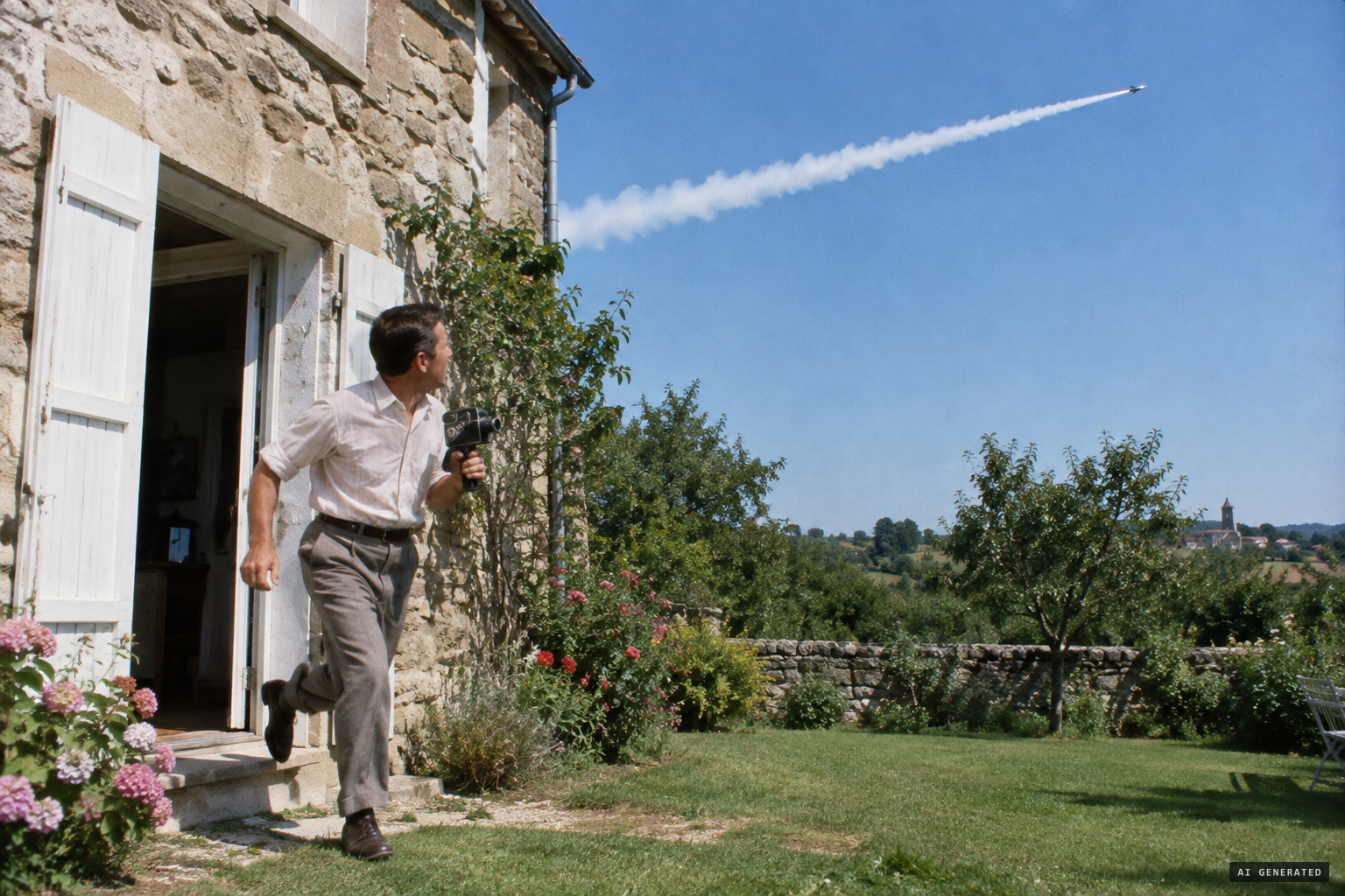 In Paris-Presse's version, a metallic spot drifts slowly over his property under a blue sky