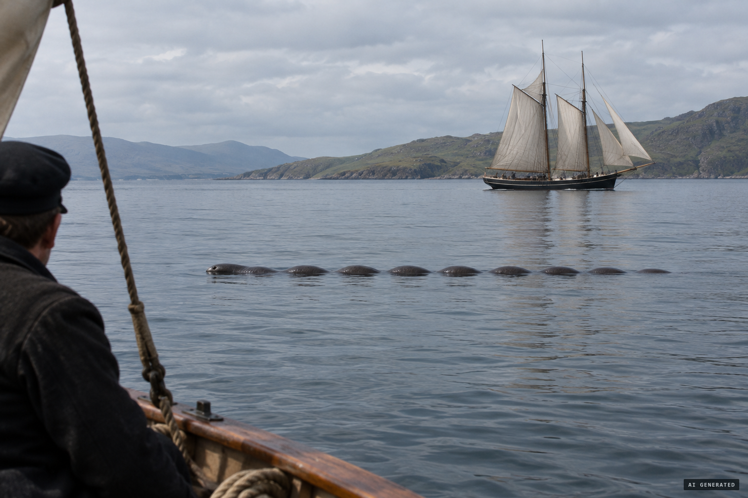The head followed by 'half-rounds', judged against a passing schooner at about 60 feet