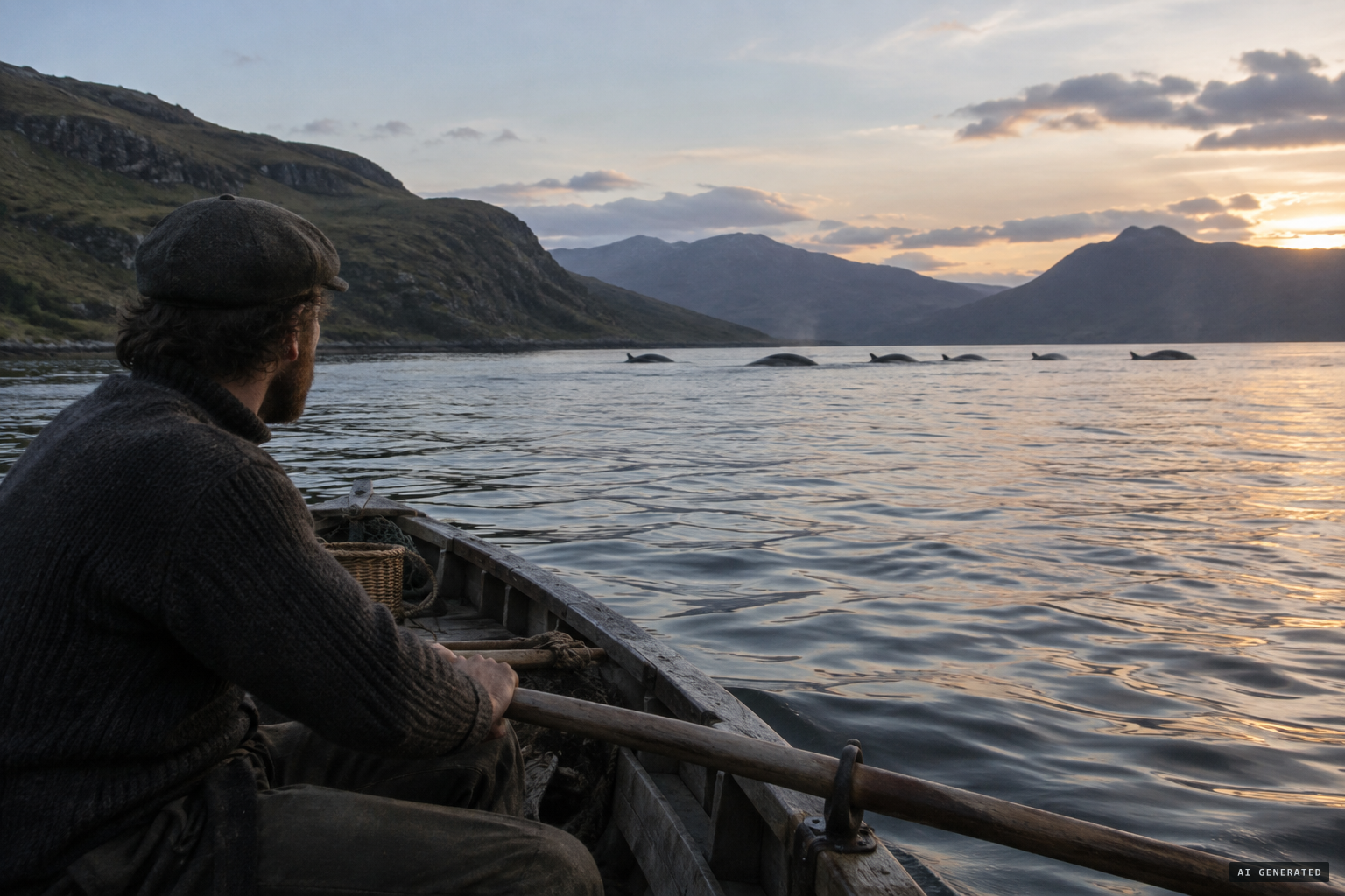 Finlay McRae of Bundaloch watches it from his boat at the mouth of Loch Hourn