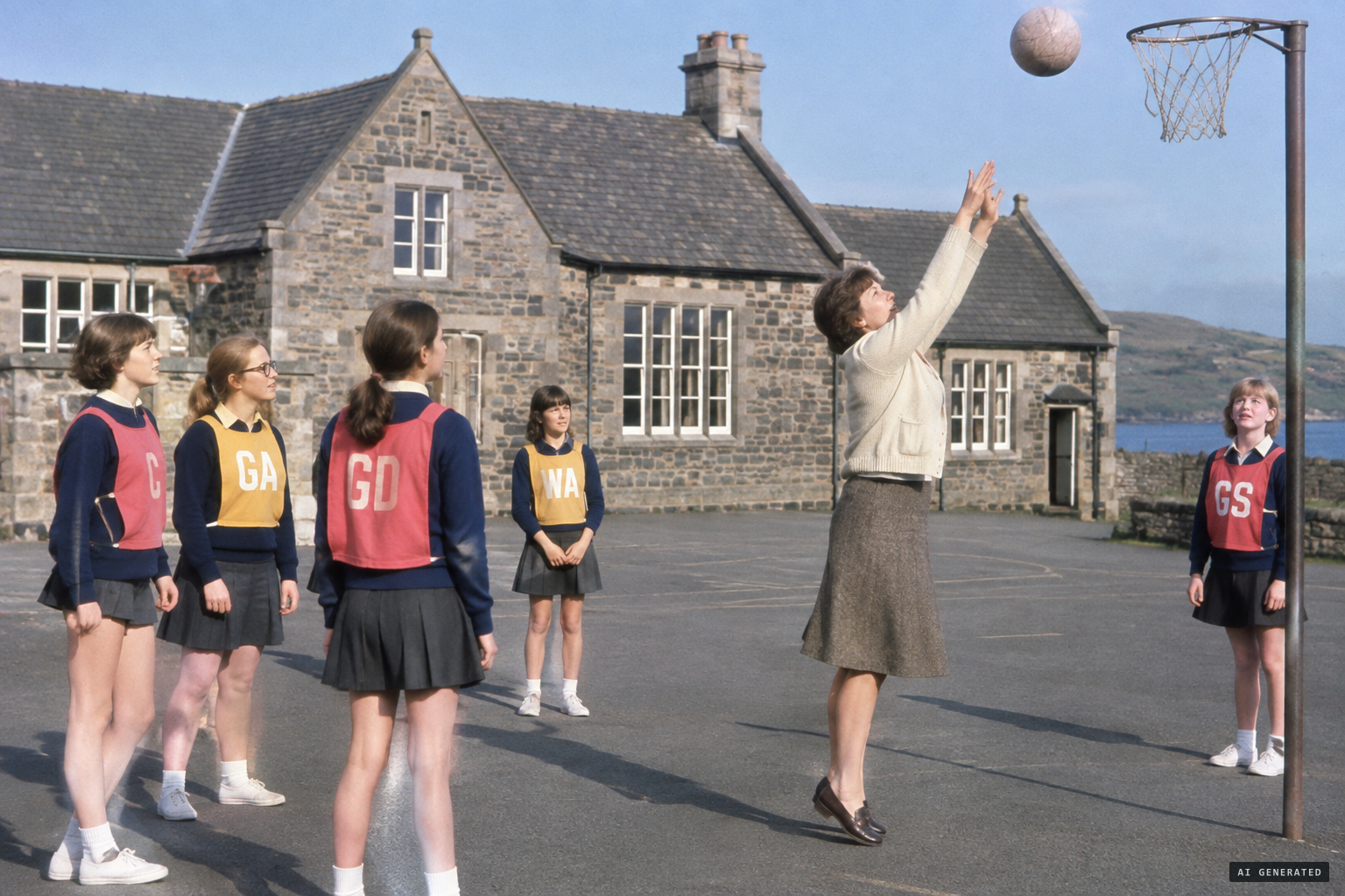 Mrs Mair Williams teaches netball in the school yard, 16 February 1977
