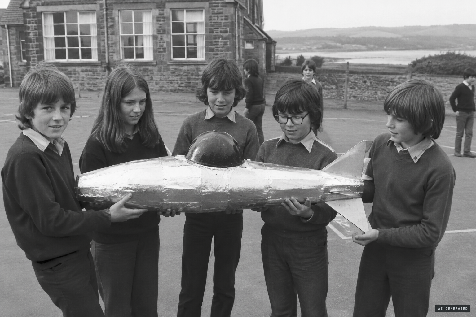 The 1977 press photograph of the pupils with their model UFO