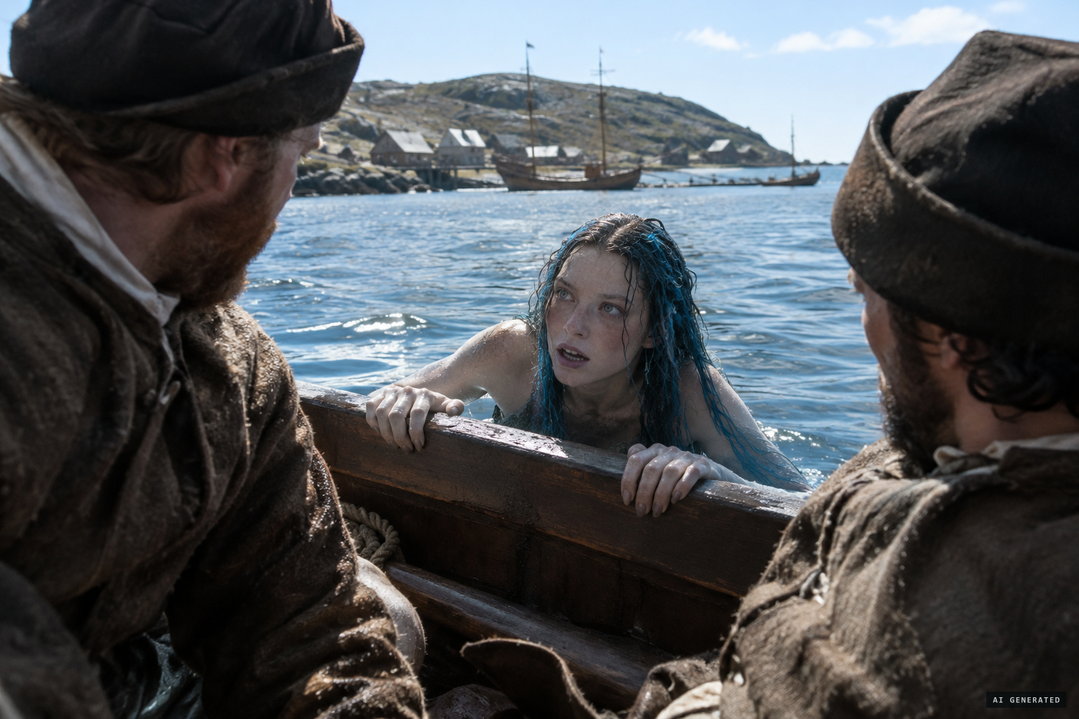 The creature puts both hands on Hawkridge's boat and strives to come in