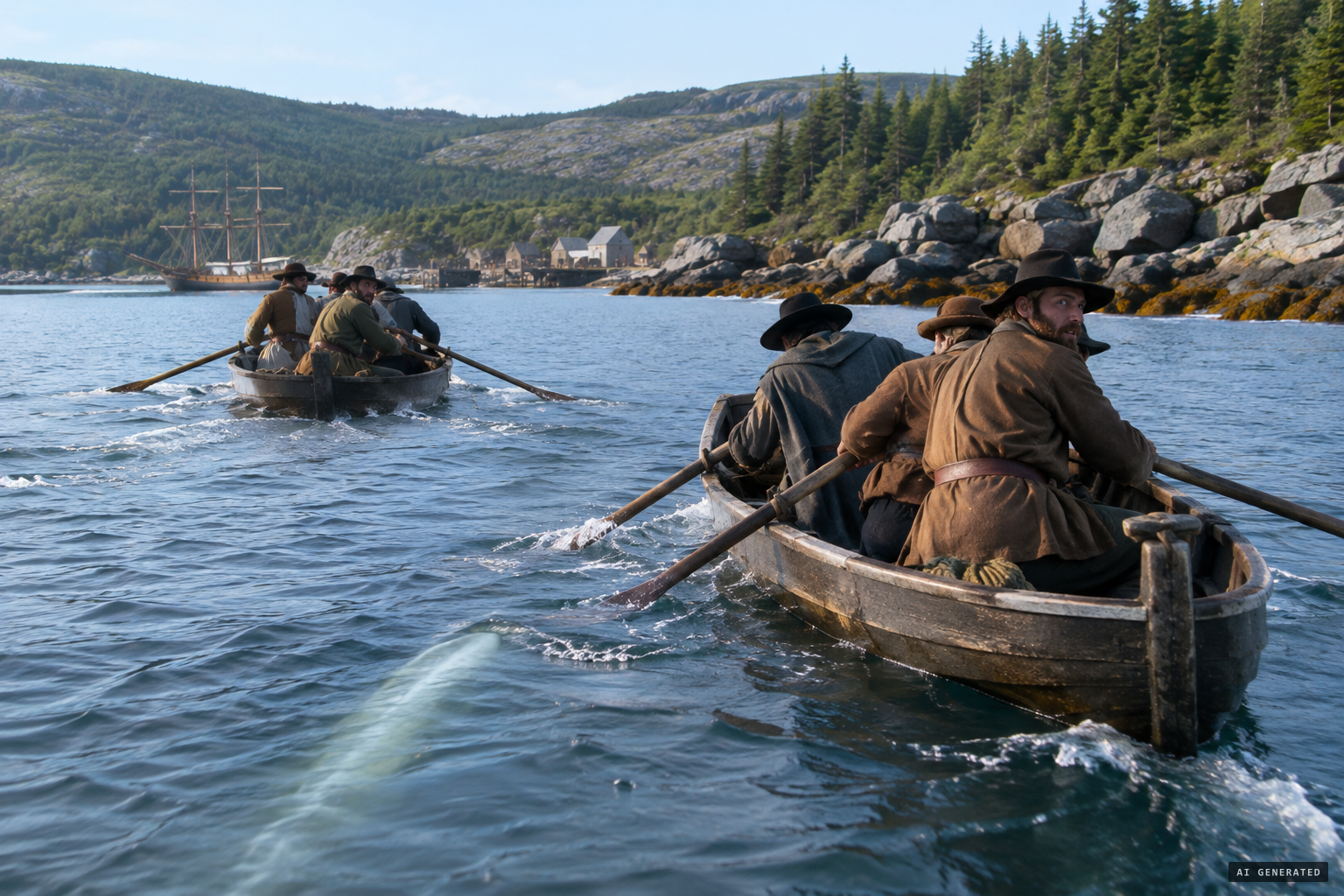 The men in two other boats flee to land for fear