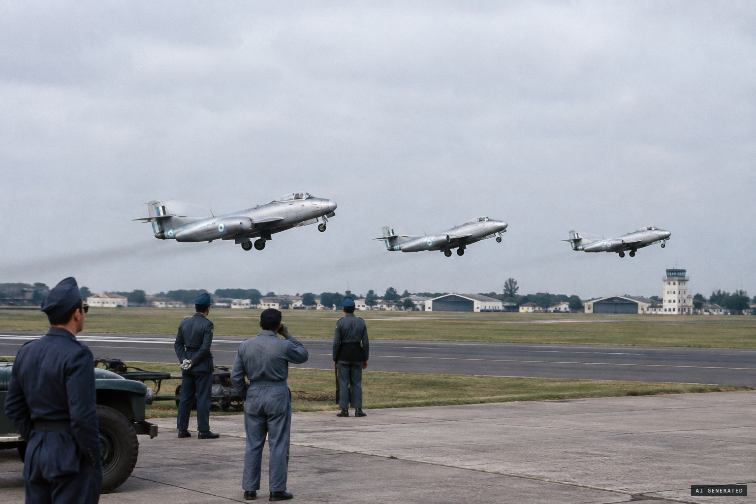 Three Gloster Meteors from Morón Air Base scramble to investigate