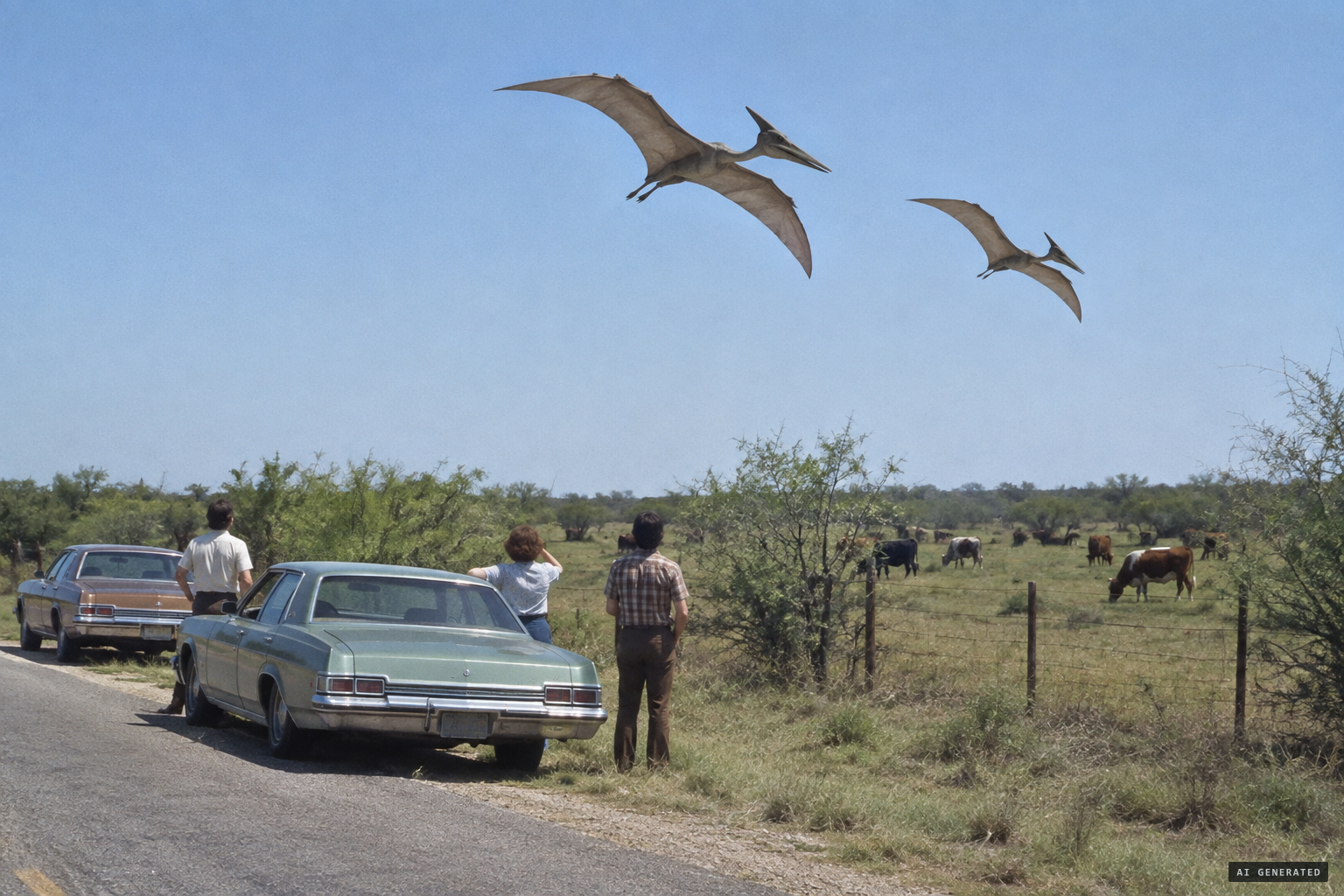Three teachers stop their cars to watch two pterodactyl-like animals over cattle