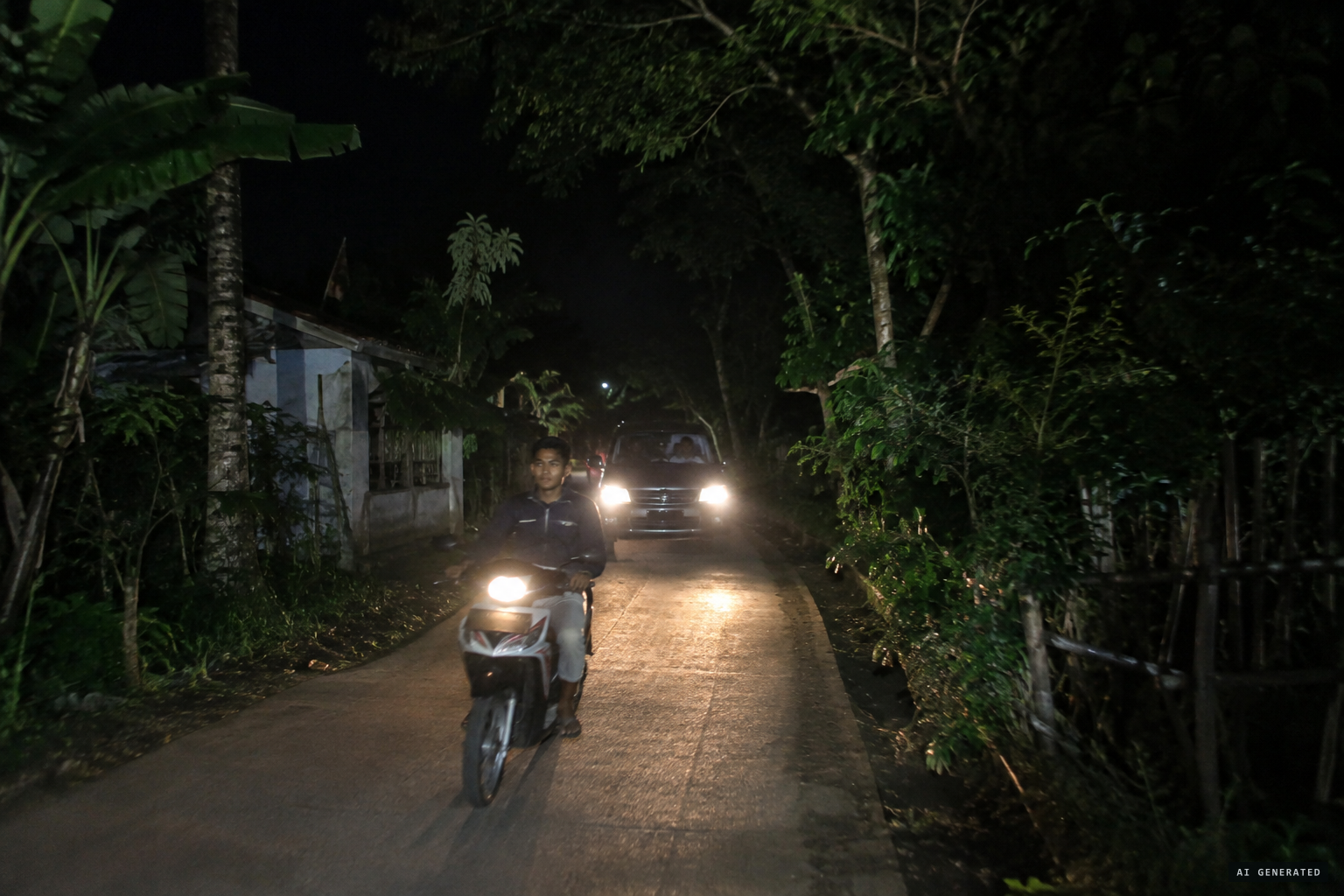 Ripi rides home from Surade at night, four friends following in a car