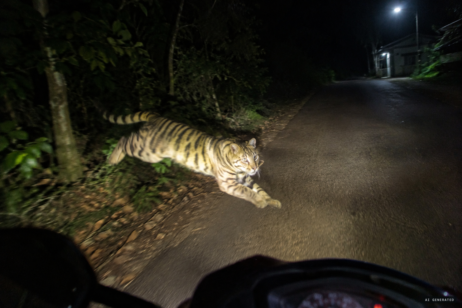 The animal leaps from the forest onto the road