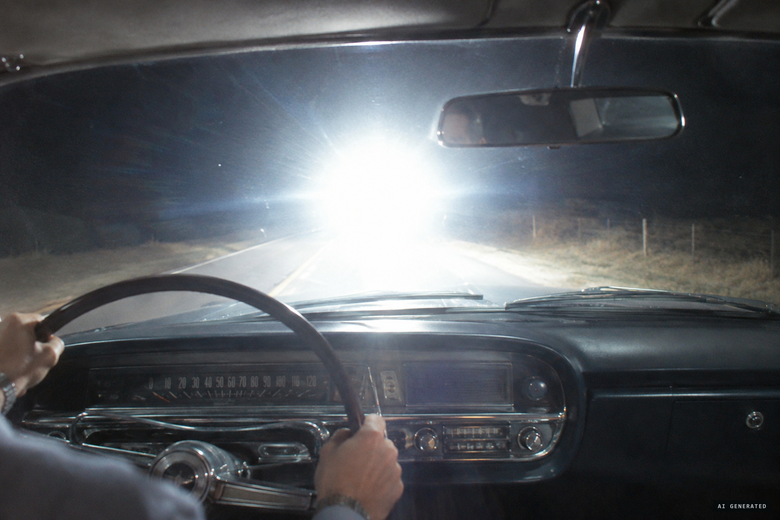 A blinding flash in front of the car, and the car stops on its own