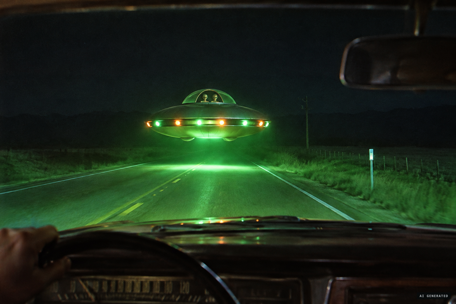 A small domed disc hovering above the highway, two occupants inside its dome