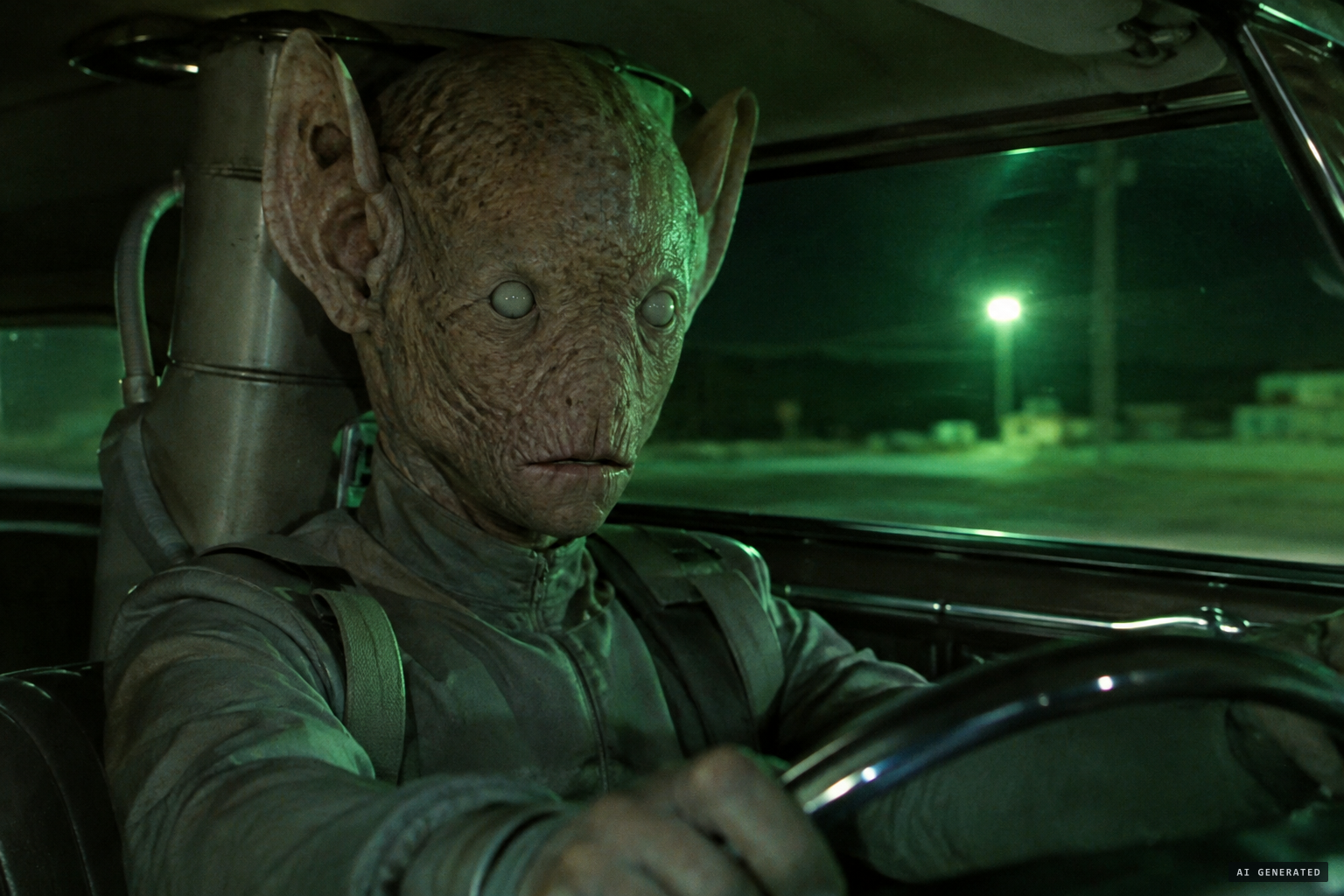 The being: hairless, cantaloupe-wrinkled face, high ears, pupil-less eyes, coveralls and a backpack