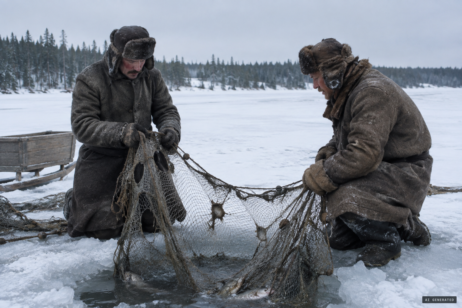 Fishermen find large holes torn in their winter nets around 1923