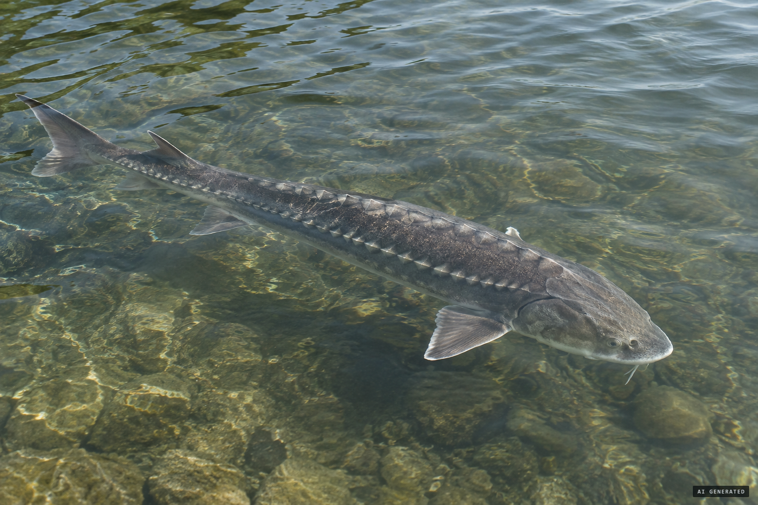 The lake sturgeon, with rows of bony plates on its back